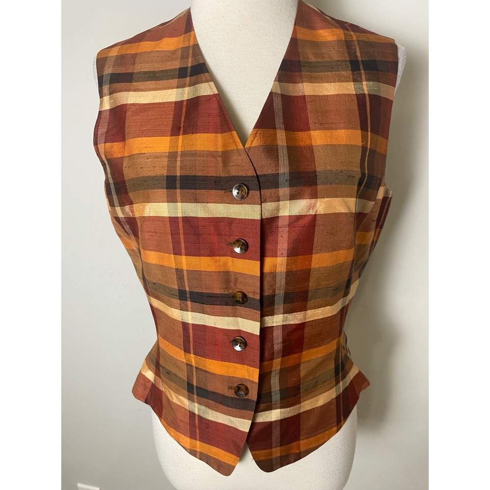 VTG Kasper & Company ASL Silk Plaid Vest Fall Academia Brown Orange Women Size 6